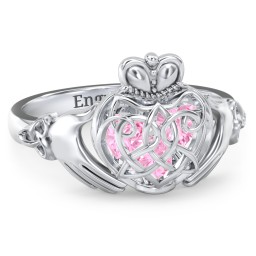 Caged Hearts Celtic Claddagh Ring in 925 Sterling Silver with Pink Tourmaline