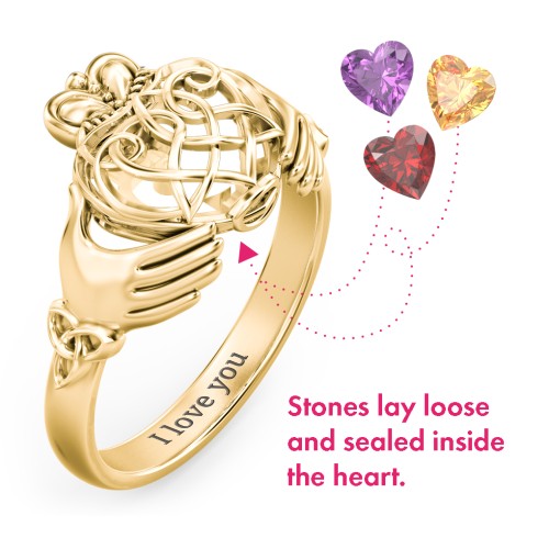 Caged Hearts Celtic Claddagh Ring – 10K Yellow Gold with Garnet, Citrine, and Amethyst