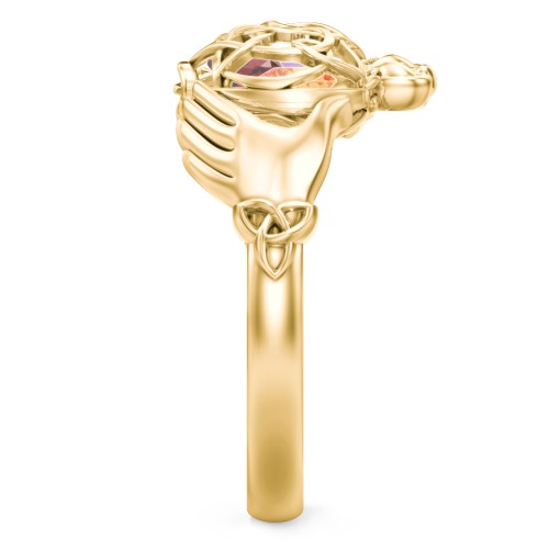 Caged Hearts Celtic Claddagh Ring – 10K Yellow Gold with Garnet, Citrine, and Amethyst
