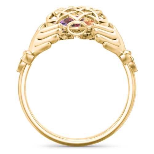 Caged Hearts Celtic Claddagh Ring – 10K Yellow Gold with Garnet, Citrine, and Amethyst