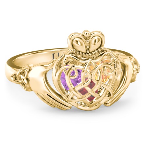 Caged Hearts Celtic Claddagh Ring – 10K Yellow Gold with Garnet, Citrine, and Amethyst