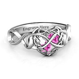My Infinite Love Caged Hearts Ring in 925 Sterling Silver with Pink Tourmaline and Cubic Zirconia