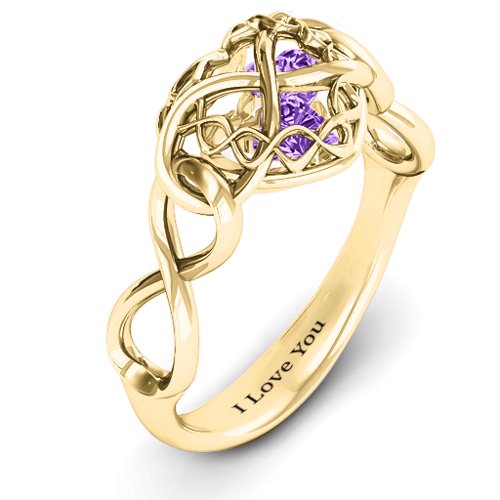 My Infinite Love Caged Hearts Ring – 10K Yellow Gold with Amethyst