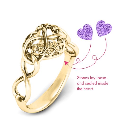 My Infinite Love Caged Hearts Ring – 10K Yellow Gold with Amethyst