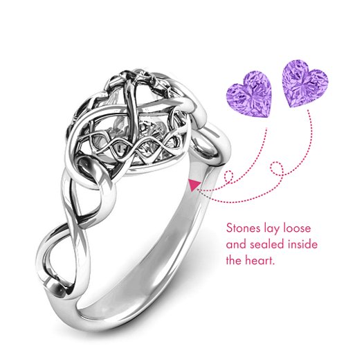 My Infinite Love Caged Hearts Ring – Sterling Silver with Amethyst