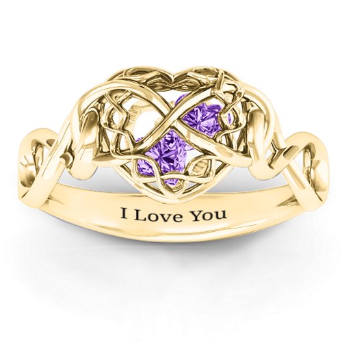 My Infinite Love Caged Hearts Ring – 10K Yellow Gold with Amethyst