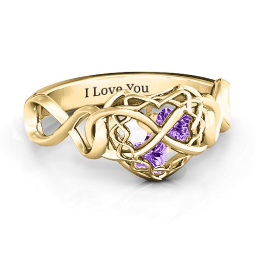 My Infinite Love Caged Hearts Ring – 10K Yellow Gold with Amethyst
