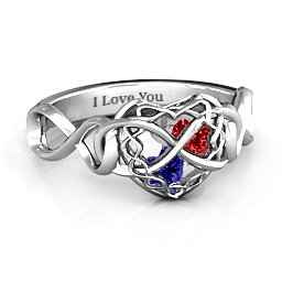 My Infinite Love Caged Hearts Ring in 925 Sterling Silver with Blue Sapphire, Garnet, and Cubic Zirconia