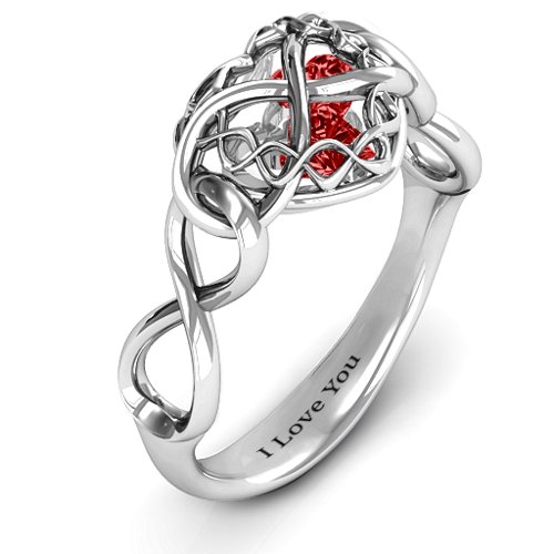 My Infinite Love Caged Hearts Ring – Sterling Silver with Garnet