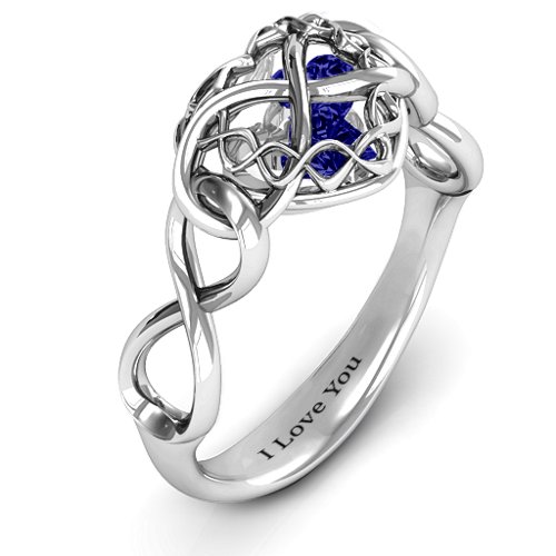 My Infinite Love Caged Hearts Ring – Sterling Silver with Blue Sapphire