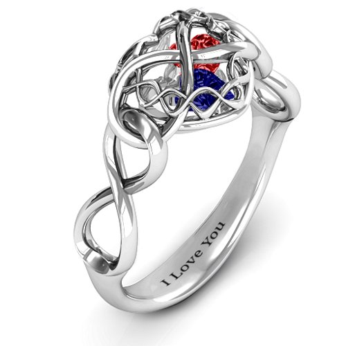 My Infinite Love Caged Hearts Ring – Sterling Silver with Blue Sapphire and Garnet
