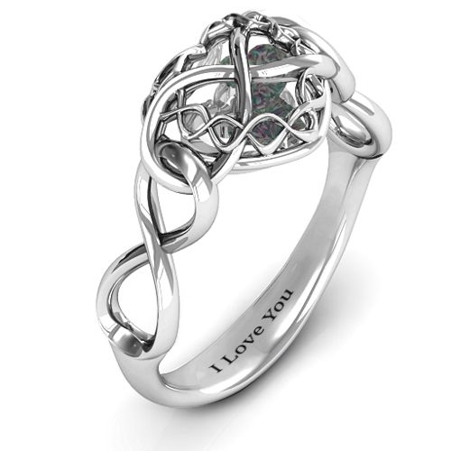 My Infinite Love Caged Hearts Ring – Sterling Silver with Alexandrite