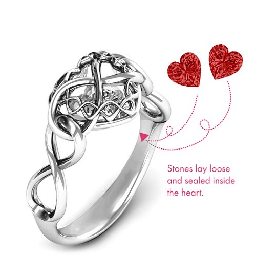 My Infinite Love Caged Hearts Ring – Sterling Silver with Garnet