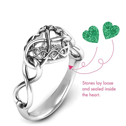 My Infinite Love Caged Hearts Ring – Sterling Silver with Emerald