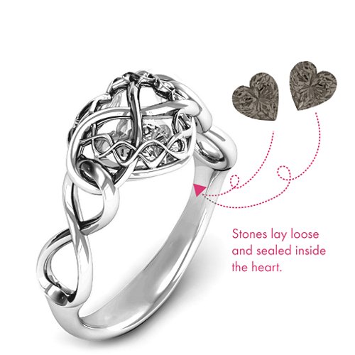 My Infinite Love Caged Hearts Ring – Sterling Silver with Smokey Quartz