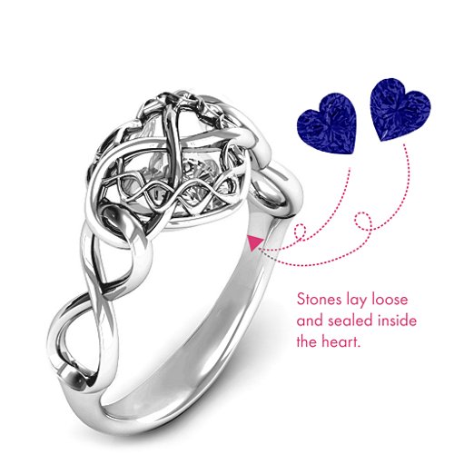 My Infinite Love Caged Hearts Ring – Sterling Silver with Blue Sapphire