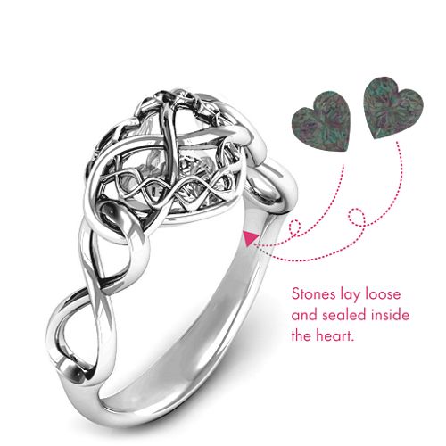 My Infinite Love Caged Hearts Ring – Sterling Silver with Alexandrite