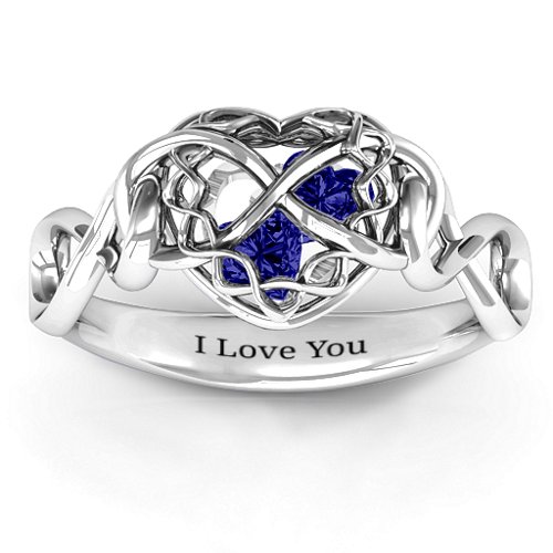 My Infinite Love Caged Hearts Ring – Sterling Silver with Blue Sapphire