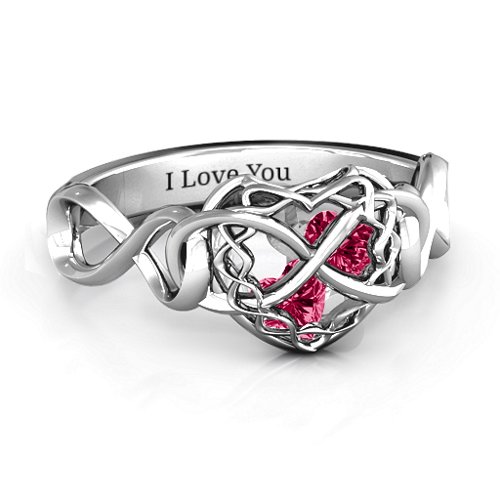 My Infinite Love Caged Hearts Ring – Sterling Silver with Ruby