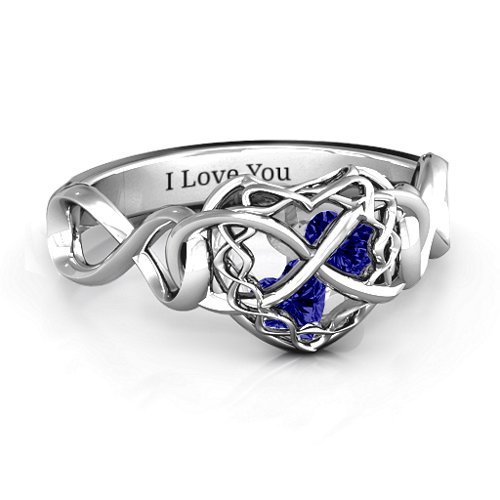 My Infinite Love Caged Hearts Ring – Sterling Silver with Blue Sapphire