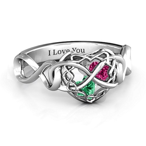 My Infinite Love Caged Hearts Ring – Sterling Silver with Emerald and Ruby