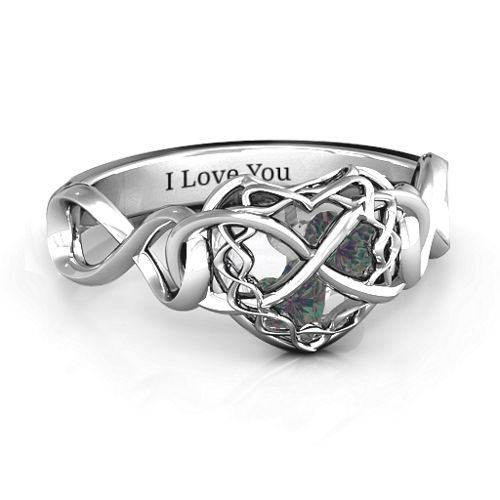 My Infinite Love Caged Hearts Ring – Sterling Silver with Alexandrite