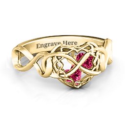 My Infinite Love Caged Hearts Ring in 10K Solid Yellow Gold with Ruby
