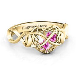 My Infinite Love Caged Hearts Ring in 10K Solid Yellow Gold with Pink Tourmaline
