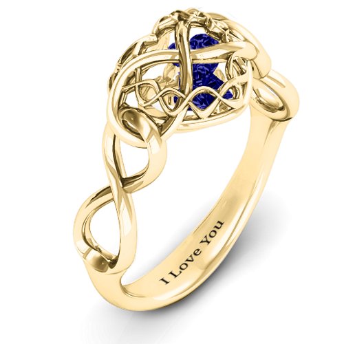 My Infinite Love Caged Hearts Ring – 10K Yellow Gold with Blue Sapphire