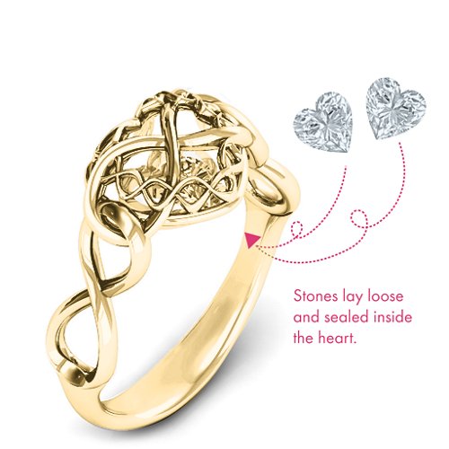 My Infinite Love Caged Hearts Ring – 10K Yellow Gold with Cubic Zirconia