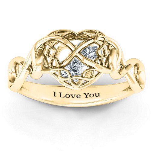 My Infinite Love Caged Hearts Ring – 10K Yellow Gold with Cubic Zirconia