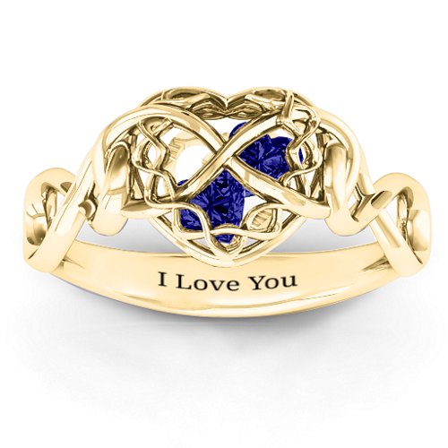 My Infinite Love Caged Hearts Ring – 10K Yellow Gold with Blue Sapphire