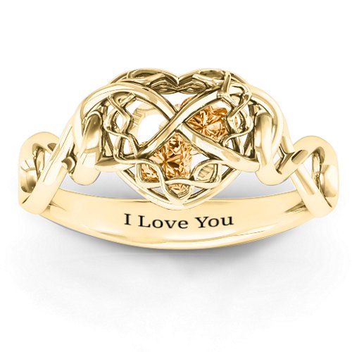 My Infinite Love Caged Hearts Ring – 10K Yellow Gold with Citrine