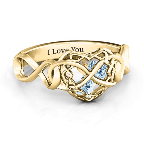 My Infinite Love Caged Hearts Ring – 10K Yellow Gold with Aquamarine