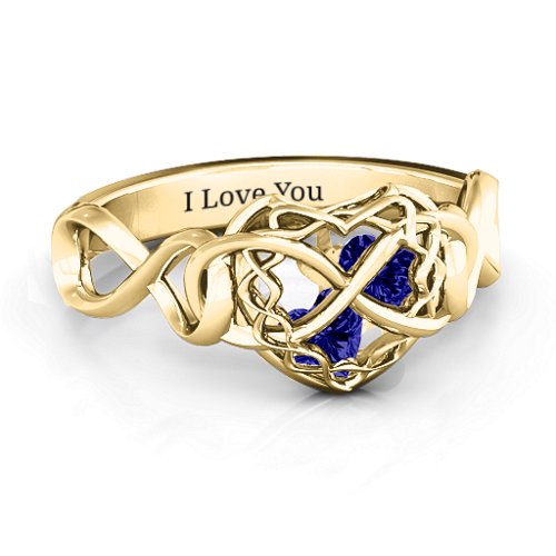 My Infinite Love Caged Hearts Ring – 10K Yellow Gold with Blue Sapphire