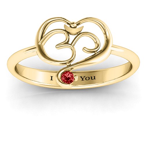 Spiritual Heart Om Ring – 10K Yellow Gold with Garnet