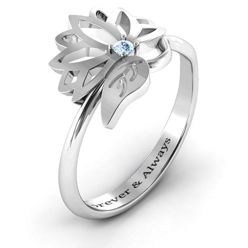 Leaves and Lotus Wrap Ring – Sterling Silver with Aquamarine