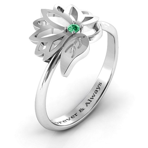 Leaves and Lotus Wrap Ring – Sterling Silver with Emerald