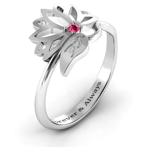 Leaves and Lotus Wrap Ring – Sterling Silver with Ruby
