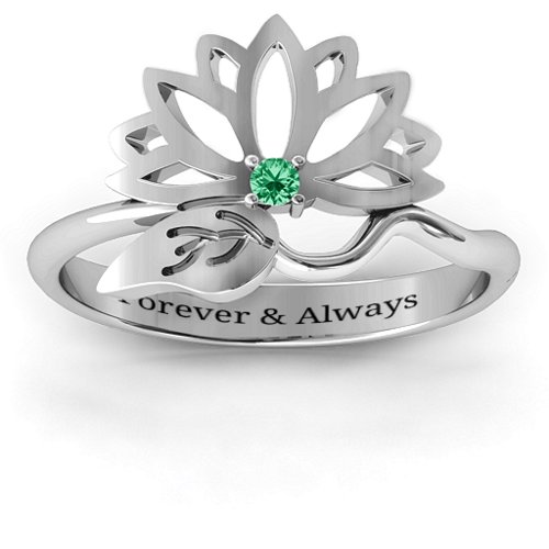 Leaves and Lotus Wrap Ring – Sterling Silver with Emerald