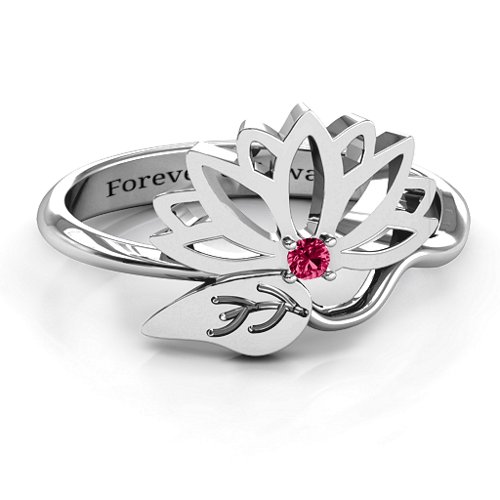 Leaves and Lotus Wrap Ring – Sterling Silver with Ruby