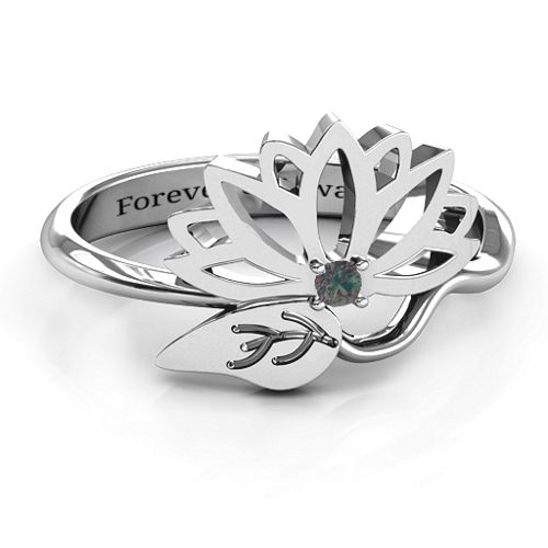 Leaves and Lotus Wrap Ring – Sterling Silver with Alexandrite