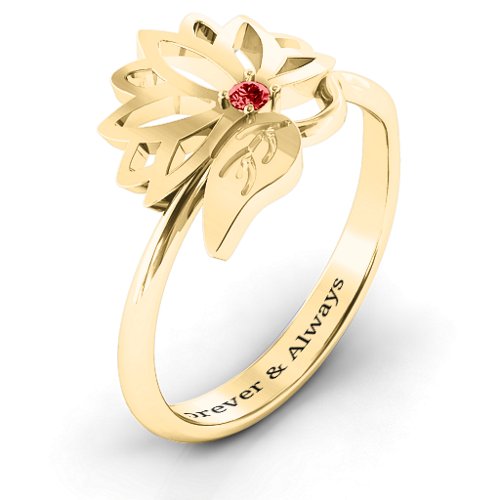 Leaves and Lotus Wrap Ring – 10K Yellow Gold with Garnet