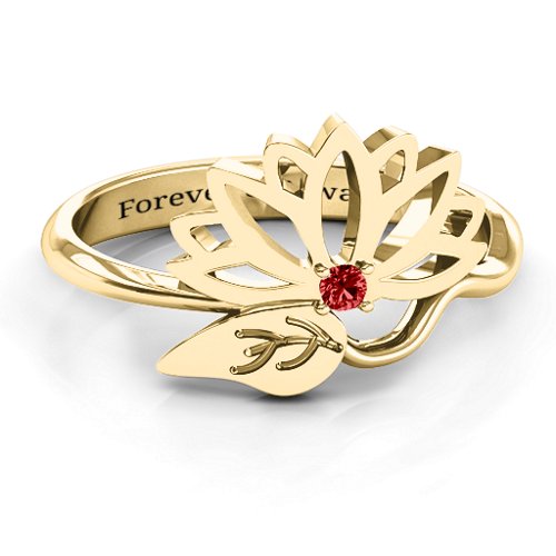Leaves and Lotus Wrap Ring – 10K Yellow Gold with Garnet