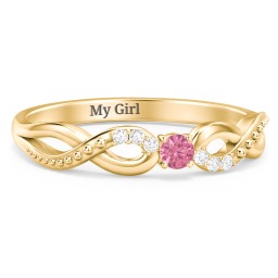 Double Infinity Gemstone Ring with Accents in 10K Solid Yellow Gold with Pink Tourmaline and White Premium Zirconia