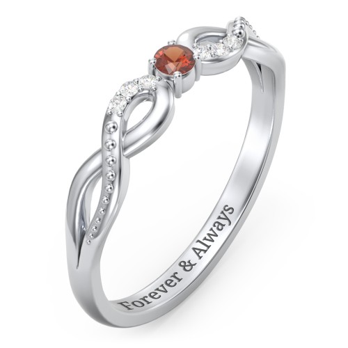 Double Infinity Gemstone Ring with Accents – Sterling Silver with Garnet and Lab Diamond
