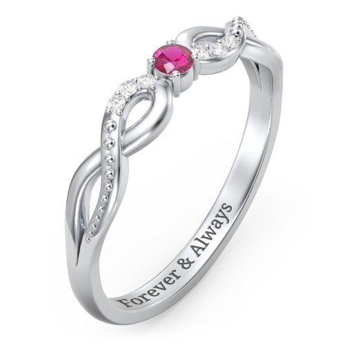 Double Infinity Gemstone Ring with Accents – Sterling Silver with Ruby and Lab Diamond