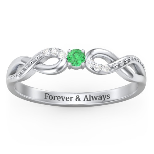Double Infinity Gemstone Ring with Accents – Sterling Silver with Emerald and Lab Diamond