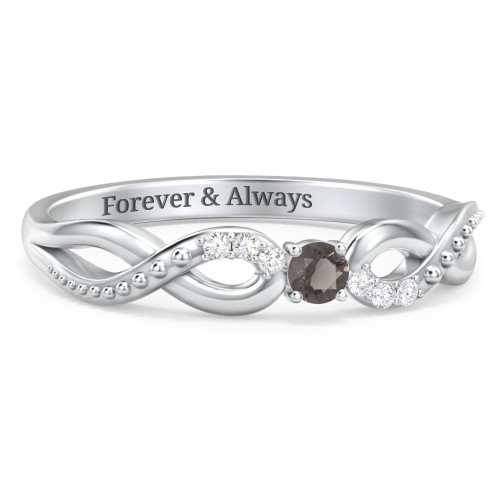 Double Infinity Gemstone Ring with Accents – Sterling Silver with Smokey Quartz and Diamond