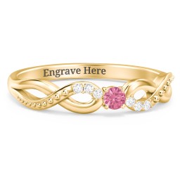 Double Infinity Gemstone Ring with Accents in 10K Solid Yellow Gold with Pink Tourmaline and White Premium Zirconia